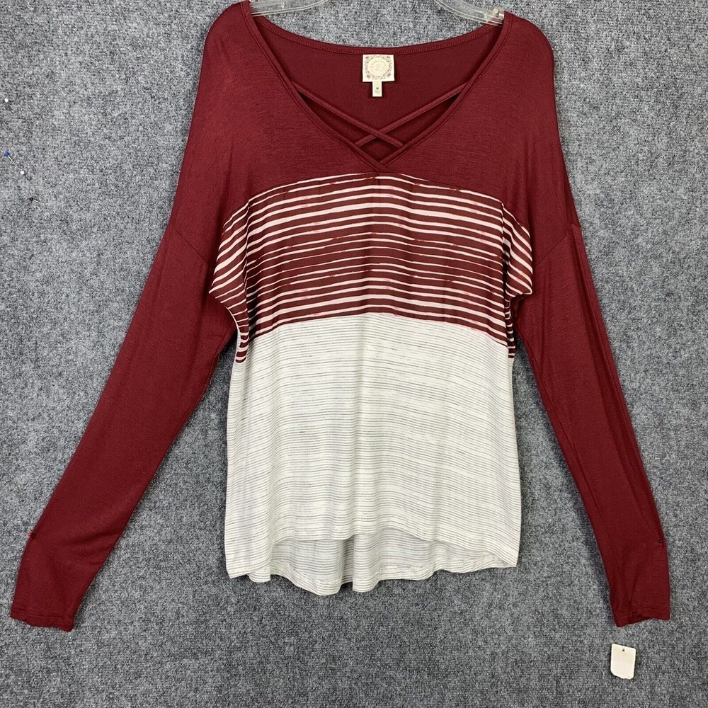 TruSelf Soft Tee Women Medium Mixed Stripe Print Cross Front Neckline NWT